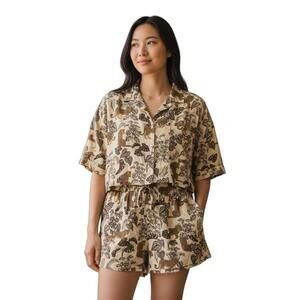 Safari Animal Print 2 Piece Set Crop Button Top Drawstring Shorts M Violet Sky